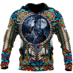 All Over Print Native American Wolves Hoodie MEI