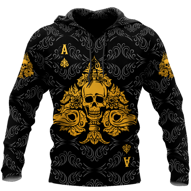 3D Ace Spade Skull Poker Over Printed Hoodie