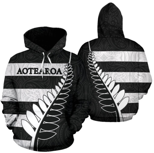 Aotearoa-New Zealand Hoodie Silver Fern - Black PL-Apparel-PL8386-Hoodie-S-Vibe Cosy™