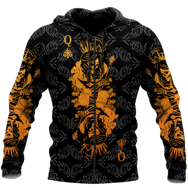 3D Queen Spade Skull Poker Over Printed Hoodie