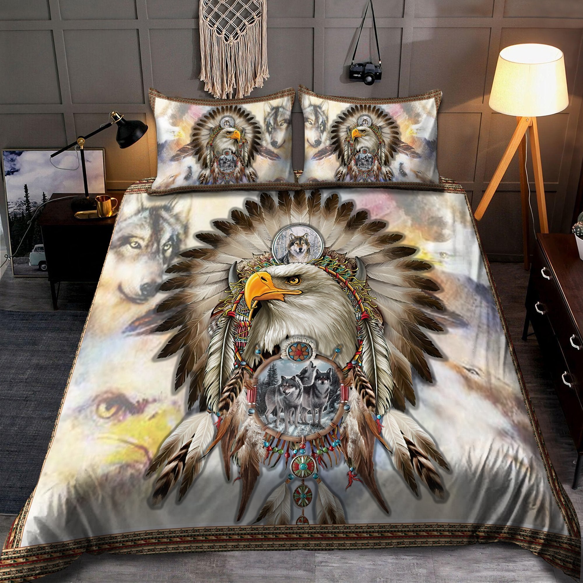 Native American Eagle And Grey Wolfs Dreamcatcher Bedding Set HHT2408202-MEI