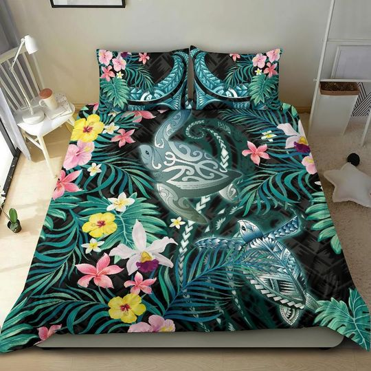 Turtles love bedding set hibiscus with palm leaves-Bedding-PL8386-Twin-Vibe Cosy™