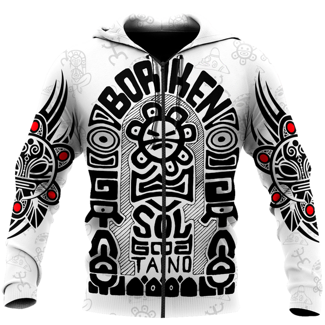 Puerto Rico Black Symbol Sol Taino On White Shirt QB06232004S-Apparel-TQH-Zipped Hoodie-S-Vibe Cosy™