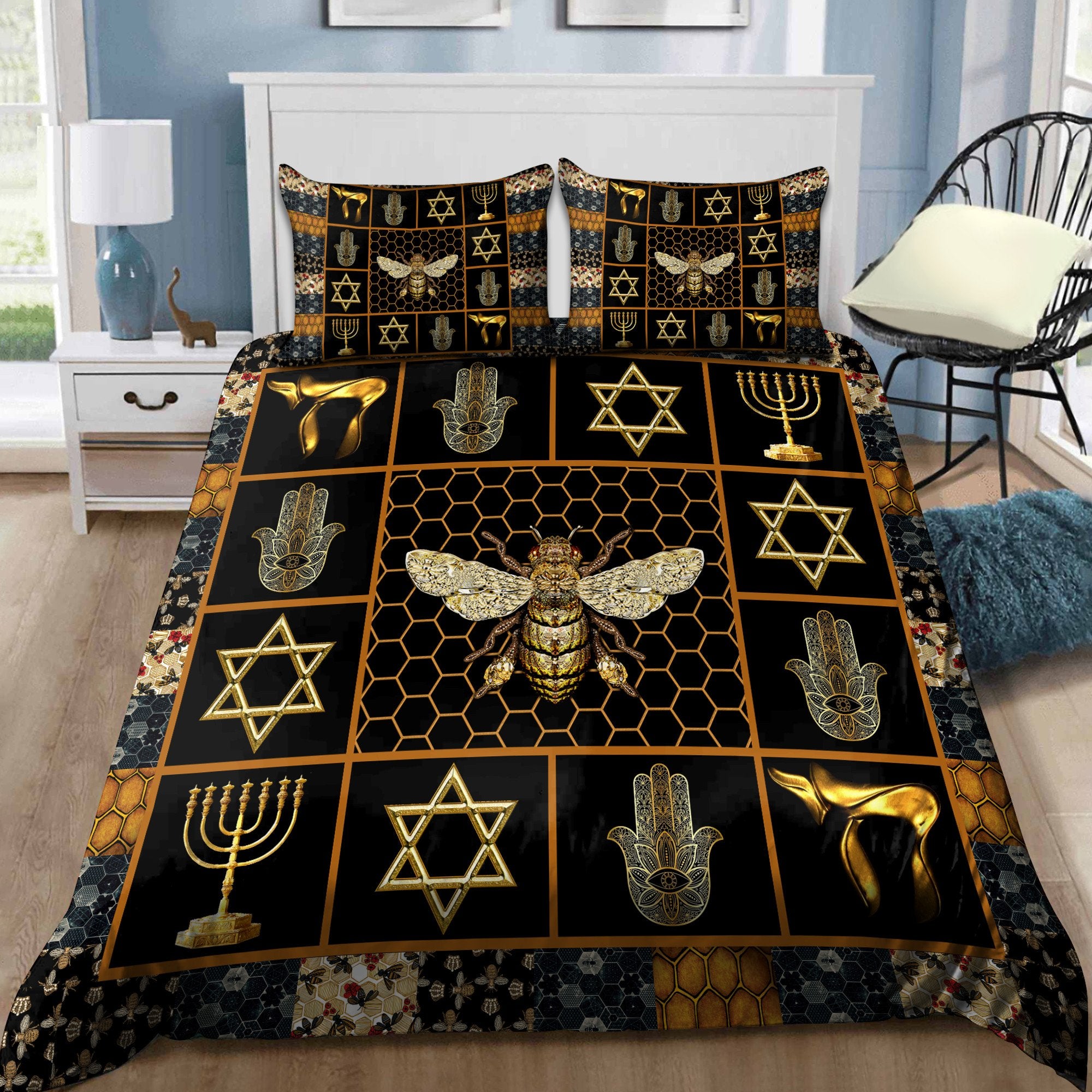 Bee And Jewish Symbols All Over Printed Bedding Set MEI