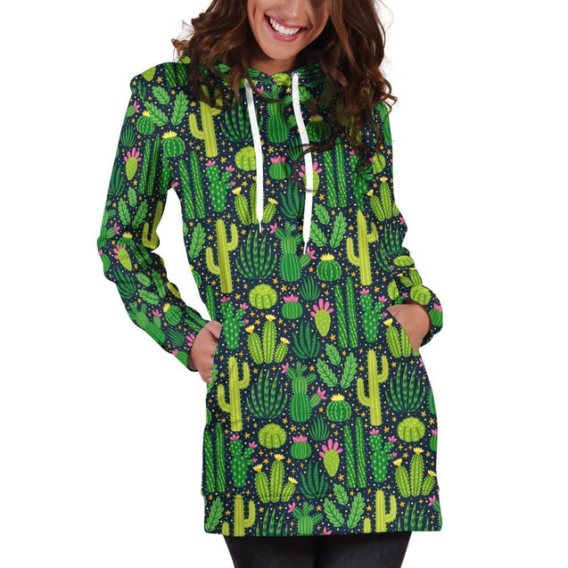 All Over Printing Green Cactus Have Flower Hoodie Dress-Apparel-Phaethon-Hoodie Dress-S-Vibe Cosy™