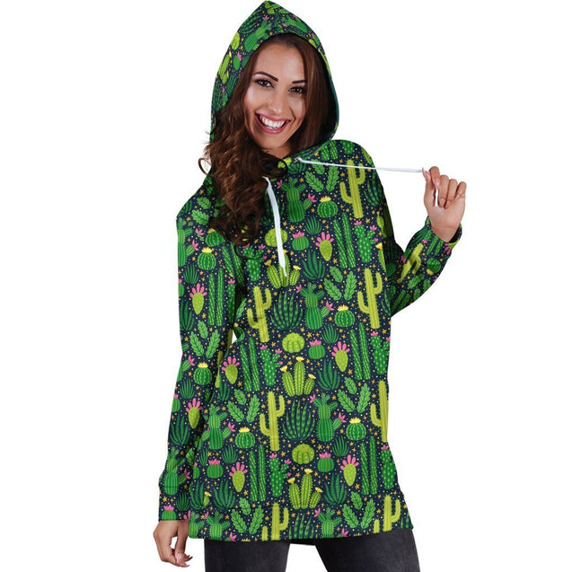 All Over Printing Green Cactus Have Flower Hoodie Dress-Apparel-Phaethon-Hoodie Dress-S-Vibe Cosy™