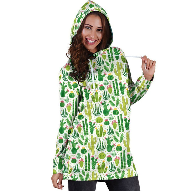 All Over Printing Green Cacti And Flower Hoodie Dress-Apparel-Phaethon-Hoodie Dress-S-Vibe Cosy™