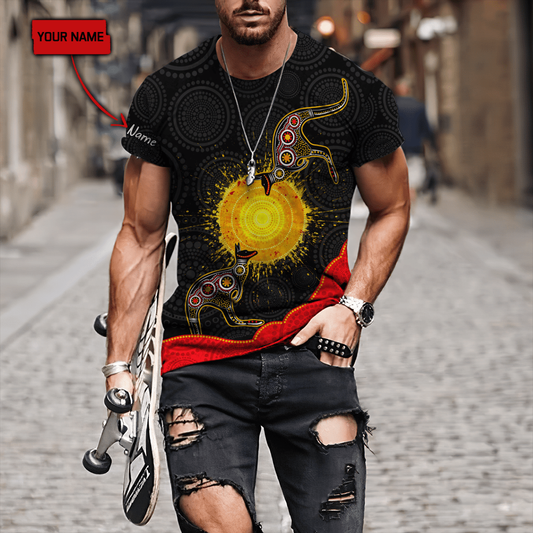 Custom name Aboriginal Flag Kangaroo Sunset Glow 3D design summer shirts