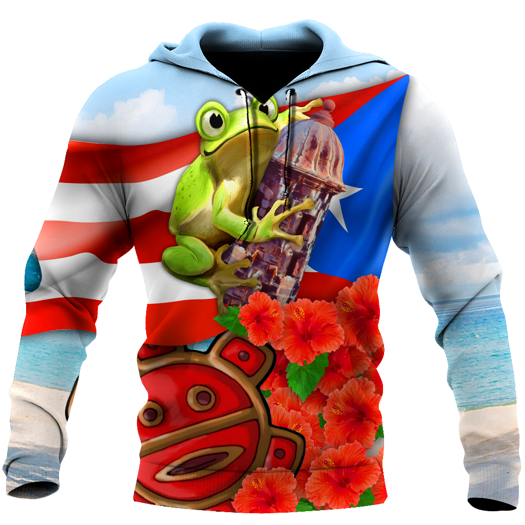 Puerto Rico Cute Caribbean Frog With Maga Flower Shirts QB06222001-Apparel-TQH-Hoodie-S-Vibe Cosy™