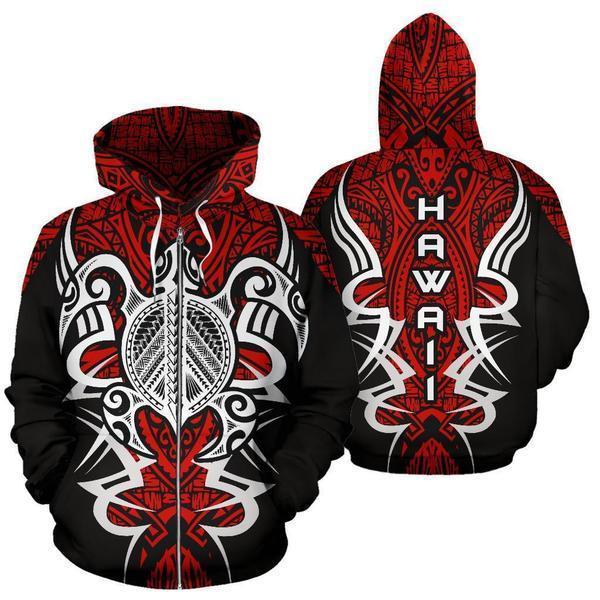 Hawaii Turtle Tribal Red Hoodie - Armor Style - AH J9-ALL OVER PRINT HOODIES (P)-Phaethon-ZIP-UP Hoodie-S-Vibe Cosy™