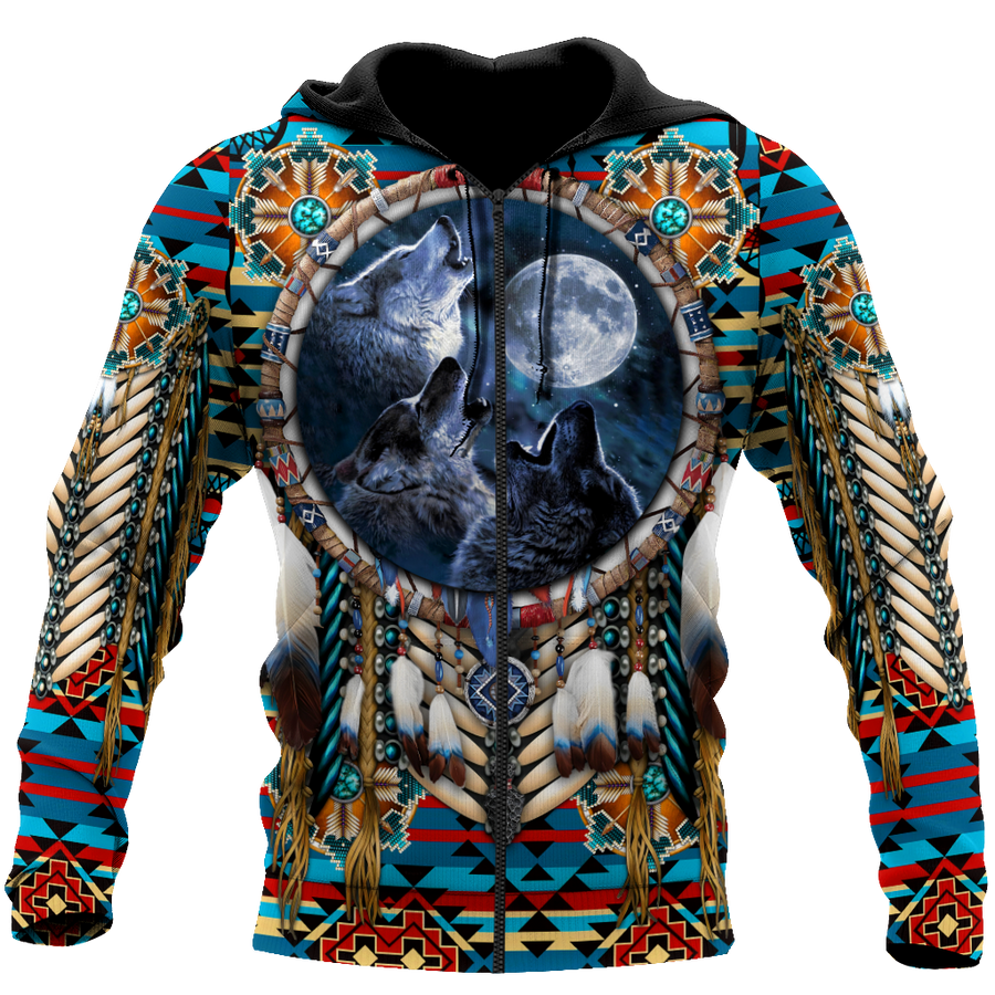 All Over Print Native American Wolves Hoodie MEI