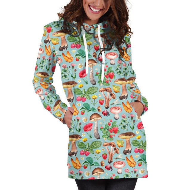 All Over Printing Mushrooms and strawberries Hoodie Dress-Apparel-HbArts-Hoodie Dress-S-Vibe Cosy™