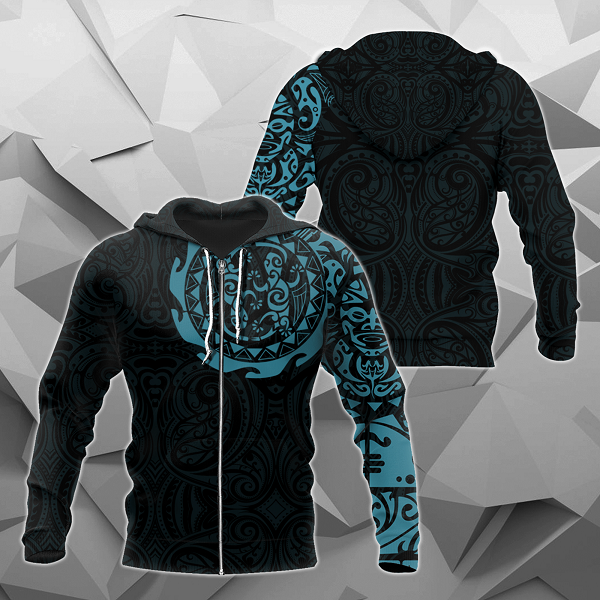 Maori Tangaroa Tattoo New Zealand All Over Hoodie - Blue NVD-Apparel-Dung Van-Zipped Hoodie-S-Vibe Cosy™