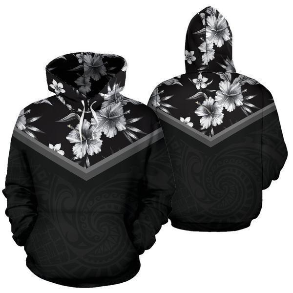 Hawaii Vintage Pattern Hoodie Black And White Hibiscus - AH - J9-ALL OVER PRINT ZIP HOODIES (P)-Phaethon-Zip-Up Hoodie-S-Vibe Cosy™