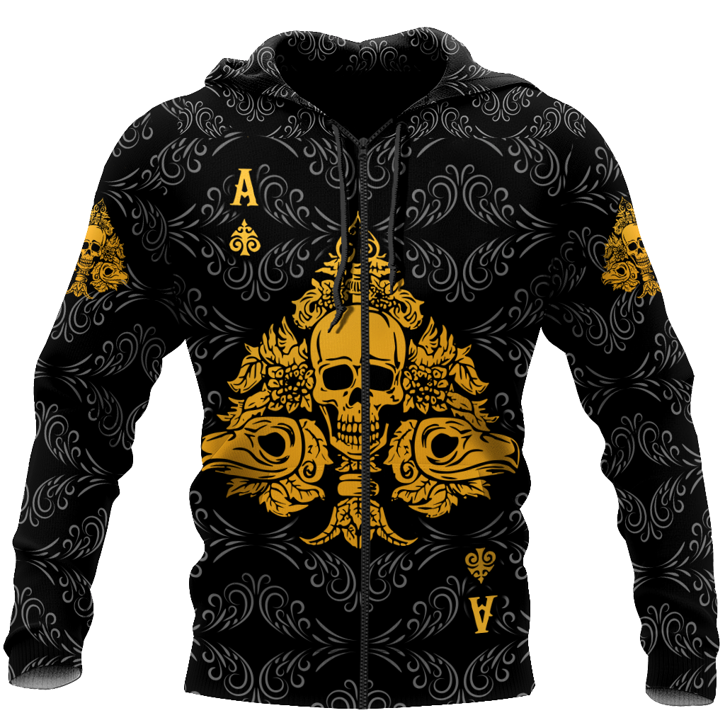 3D Ace Spade Skull Poker Over Printed Hoodie