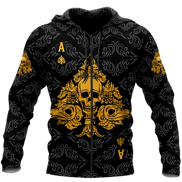 3D Ace Spade Skull Poker Over Printed Hoodie