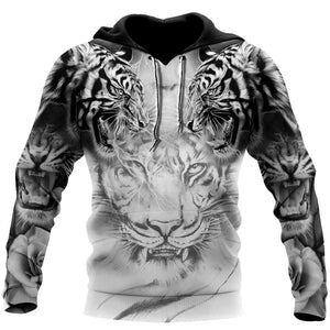 Double White Tiger Tattoo Over Printed Shirt For Men and Women