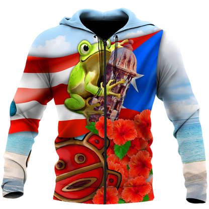 Puerto Rico Cute Caribbean Frog With Maga Flower Shirts QB06222001-Apparel-TQH-Zipped Hoodie-S-Vibe Cosy™