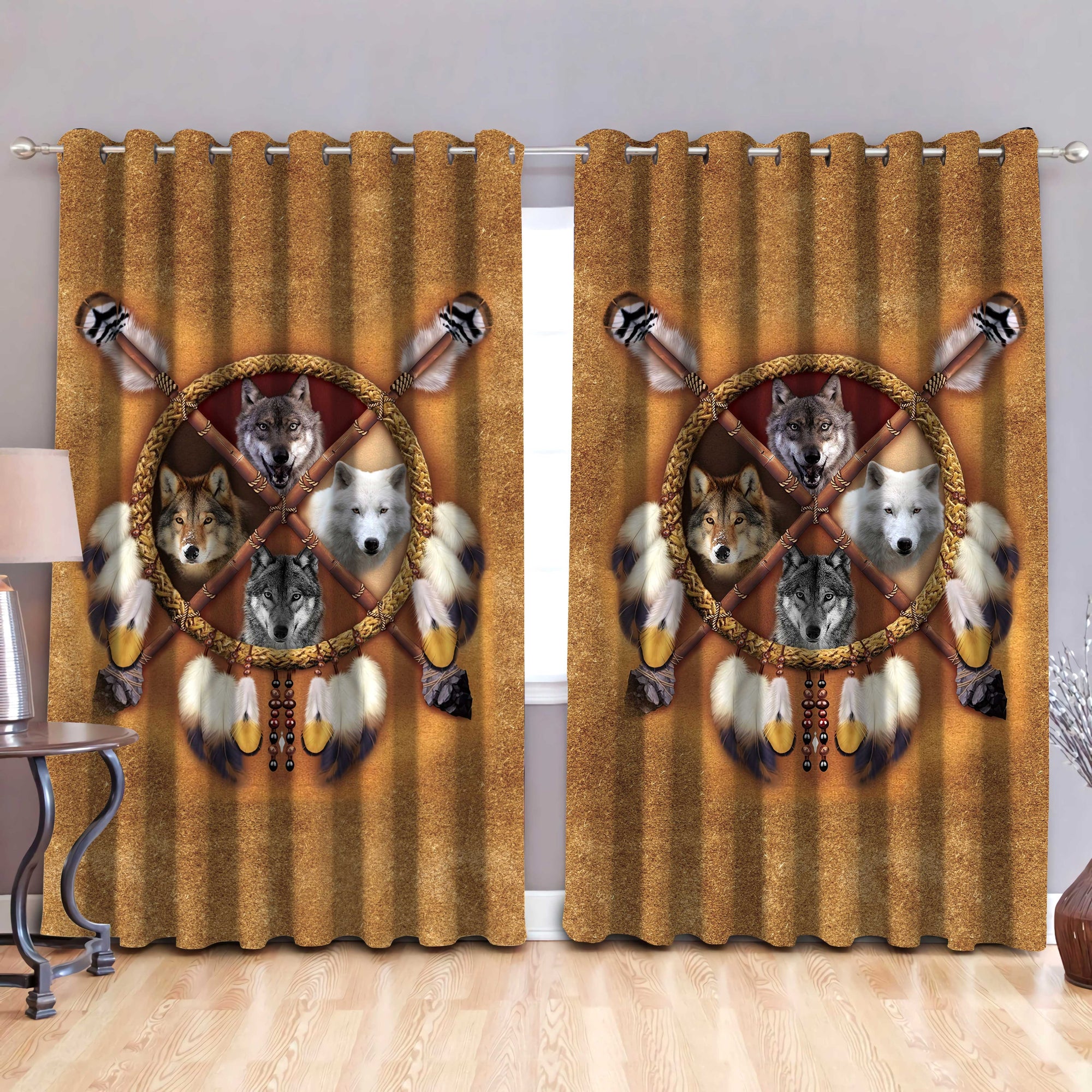 Wolf Native American Pattern 3D All Over Printed Window Curtains