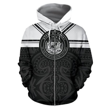 Hawaii Coat Of Arms Hoodie - Black And White J9-ALL OVER PRINT HOODIES (P)-Phaethon-Hoodie-S-Vibe Cosy™
