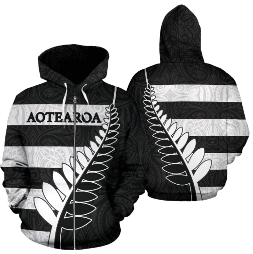 Aotearoa-New Zealand Hoodie Silver Fern - Black PL-Apparel-PL8386-Zipped Hoodie-S-Vibe Cosy™