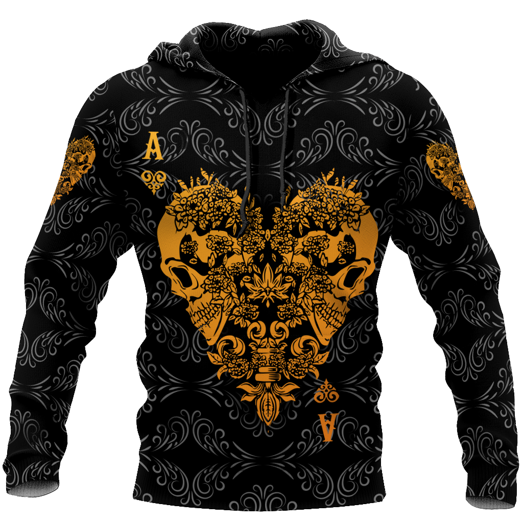 3D Ace Heart Skull Poker Over Printed Hoodie