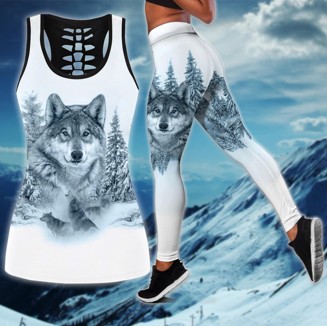 Beautiful White Wolf 3D All Over Printed Legging + Hollow Tank Combo