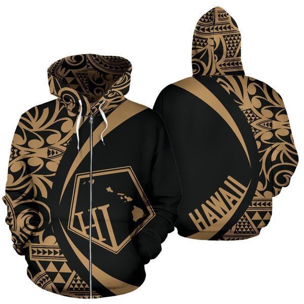 Hawaii Polynesian Tribal Hoodie - Circle Style Golden Color 2.0 - AH-ALL OVER PRINT HOODIES (P)-Phaethon-Zip Hoodie-S-Vibe Cosy™