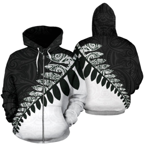 New Zealand Silver Fern Hoodie Black White K4-Apparel-Khanh Arts-Zipped Hoodie-S-Vibe Cosy™