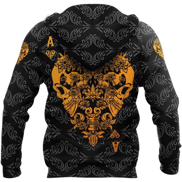 3D Ace Heart Skull Poker Over Printed Hoodie