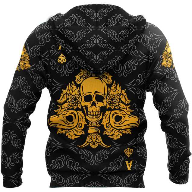 3D Ace Spade Skull Poker Over Printed Hoodie