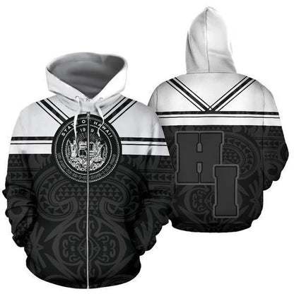 Hawaii Coat Of Arms Hoodie - Black And White J9-ALL OVER PRINT HOODIES (P)-Phaethon-Hoodie-S-Vibe Cosy™