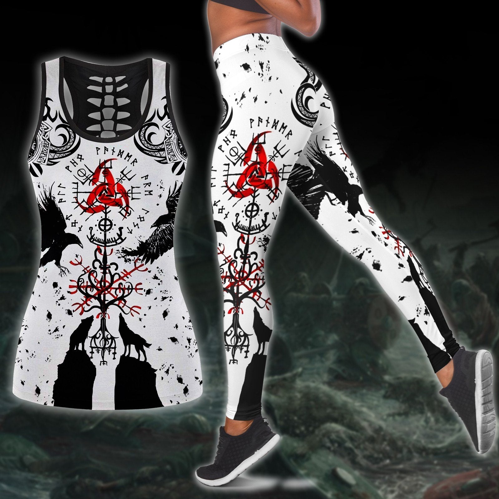 Vkings Tattoo Leggings and Hollow Out Tank Top-Apparel-HP Arts-S-S-Vibe Cosy™
