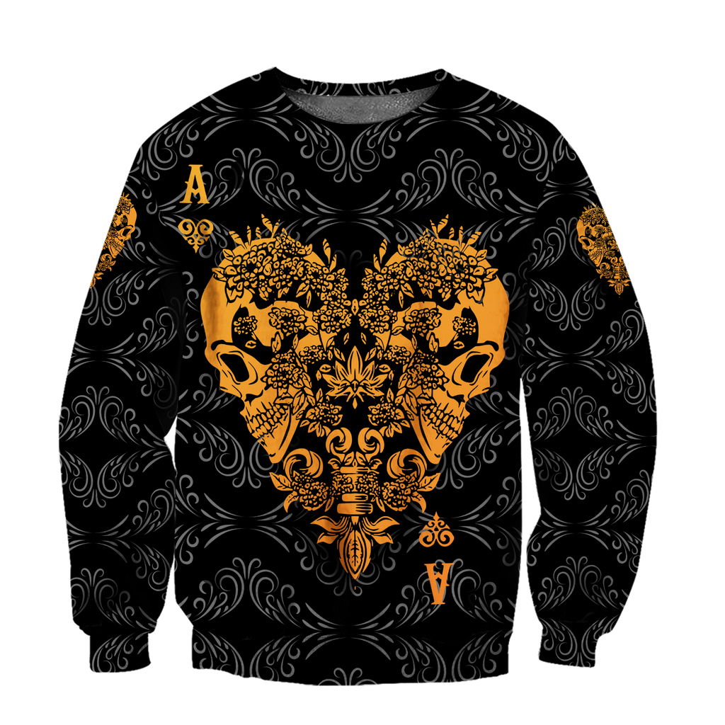 3D Ace Heart Skull Poker Over Printed Hoodie