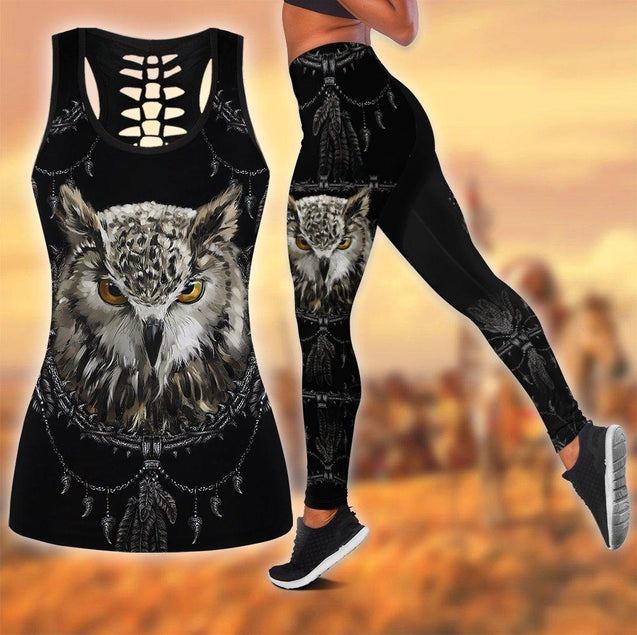 Owl Native American 3D All Over Printed Legging + Hollow Tank