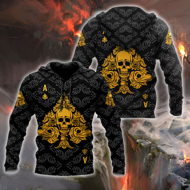 3D Ace Spade Skull Poker Over Printed Hoodie