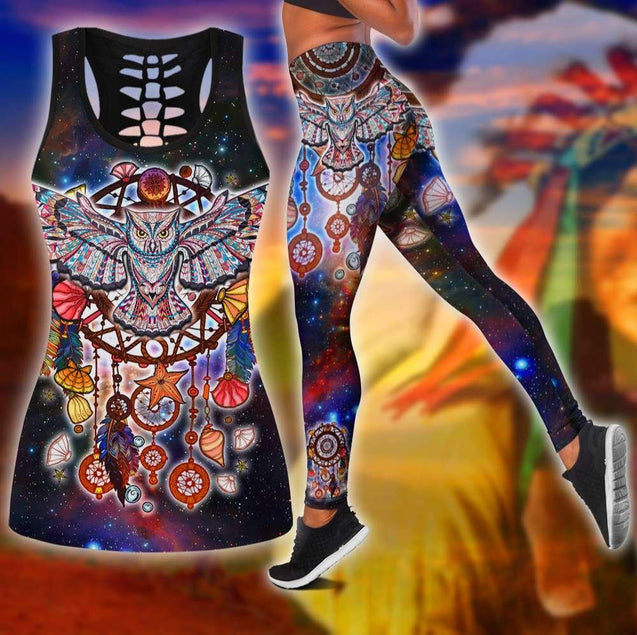 Owl Native American 3D All Over Printed Legging + Hollow Tank Combo