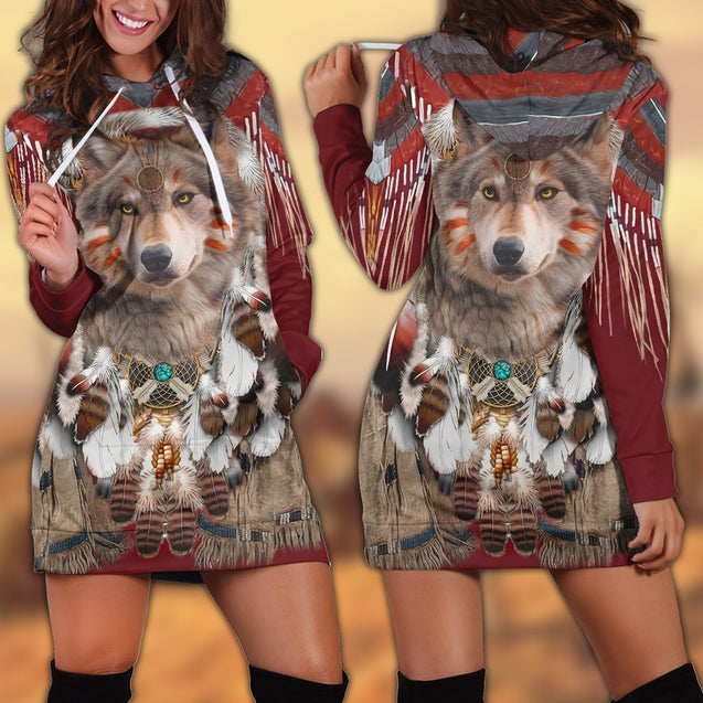 Wolf Native American 3D All Over Printed Hoodie Dress