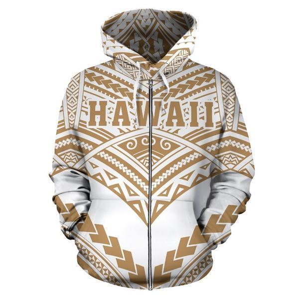 Hawaii Polynesian Tribal Hoodie - New Warrior Style Golden And White Color - AH J1-ALL OVER PRINT HOODIES (P)-Phaethon-Zip Hoodie-S-Vibe Cosy™