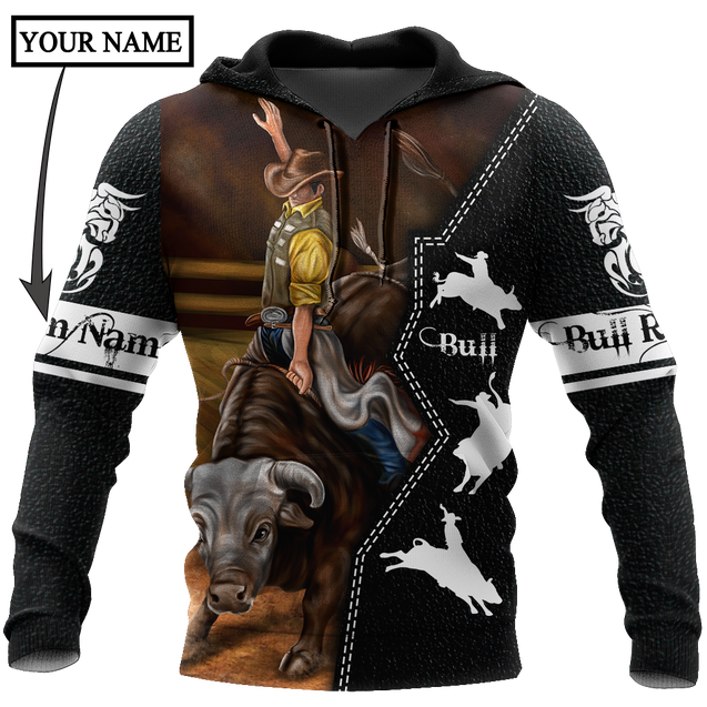 Personalized Name Bull Riding 3D All Over Printed Unisex Shirts Black Leather Texture