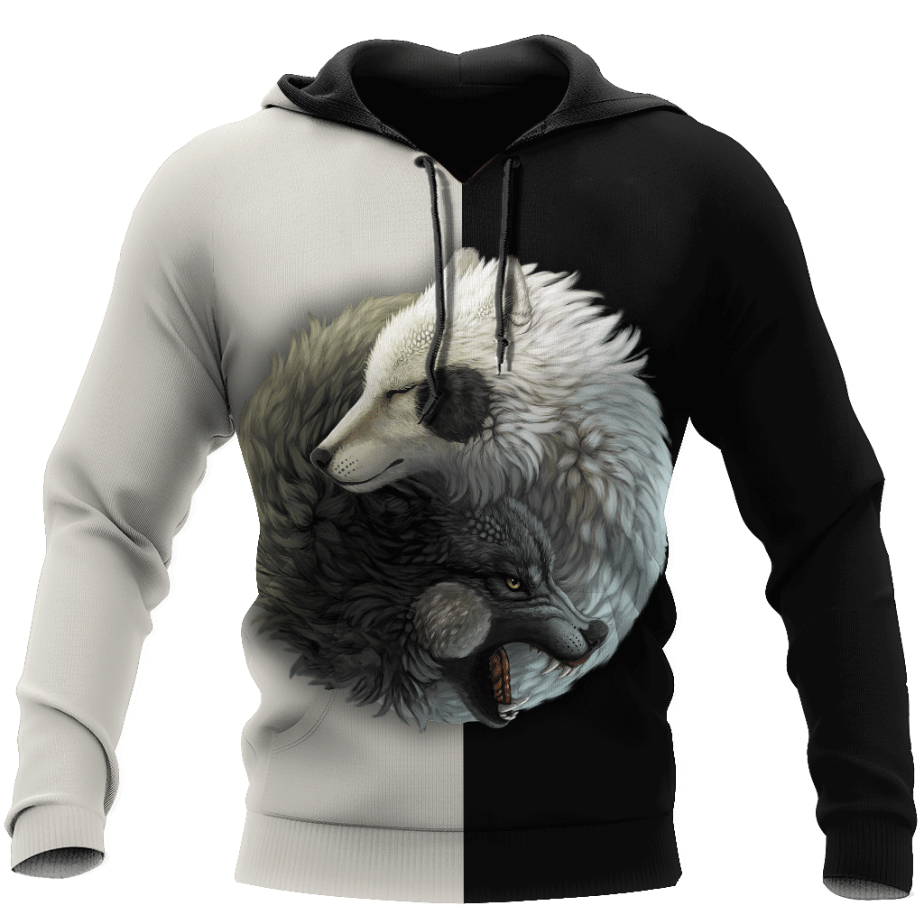 Wolf Yin and Yang 3D All Over Printed Unisex Deluxe Hoodie ML