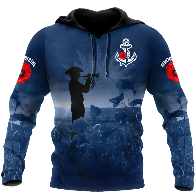 Rememberance Anzac Day Poppy Flower Navy Premium Unisex Hoodie ML