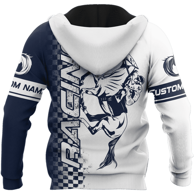 Personalized Name Horse Racing Blue 3D All Over Printed Unisex Hoodie