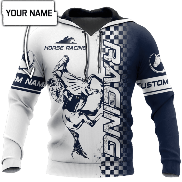 Personalized Name Horse Racing Blue 3D All Over Printed Unisex Hoodie