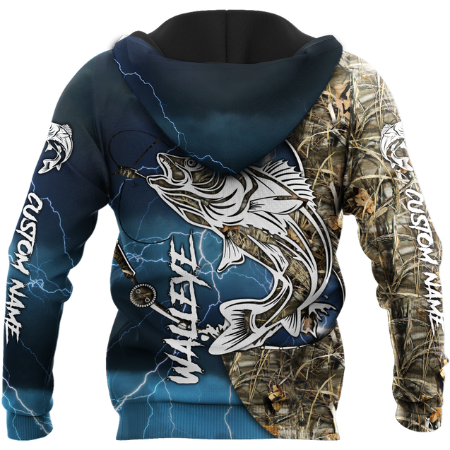 Custom name Walleye fishing gear blue 3D Design print shirts