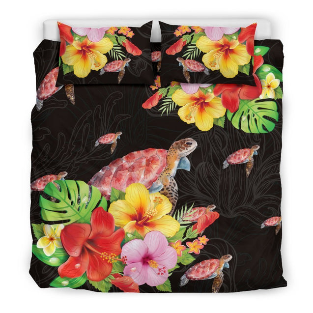 Beautiful Hibiscus And Turtle Hawaiian Bedding Set - AH-BEDDING SETS-Phaethon-US King-Black-Polyester-Vibe Cosy™