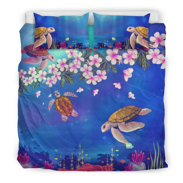 Turtle And Plumeria Pattern Hawaiian Bedding Set - AH-BEDDING SETS-Alohawaii-US King-Black-Polyester-Vibe Cosy™