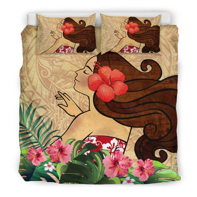 Girl And Hibiscus Bedding Set - AH - A0-BEDDING SETS-Phaethon-US King-Black-Vibe Cosy™