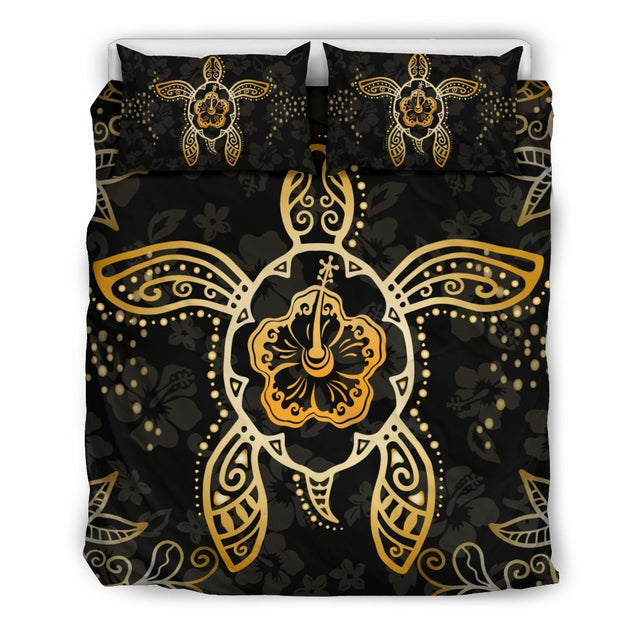 Hawaii Golden Turtle And Hibiscus Bedding Set - AH-BEDDING SETS-Alohawaii-US Queen/Full-Polyester-Black-Vibe Cosy™