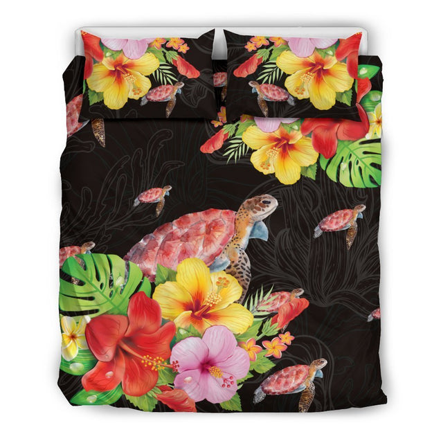 Beautiful Hibiscus And Turtle Hawaiian Bedding Set - AH-BEDDING SETS-Phaethon-US Queen/Full-Black-Polyester-Vibe Cosy™